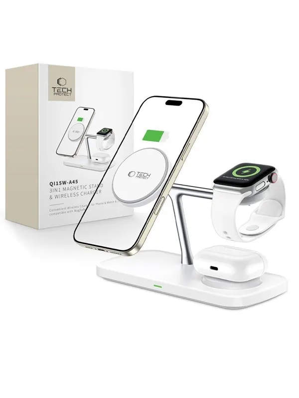 Tech-Protect QI15W-A45 3-in-1 Wireless Charger with MagSafe for Apple Devices - White
