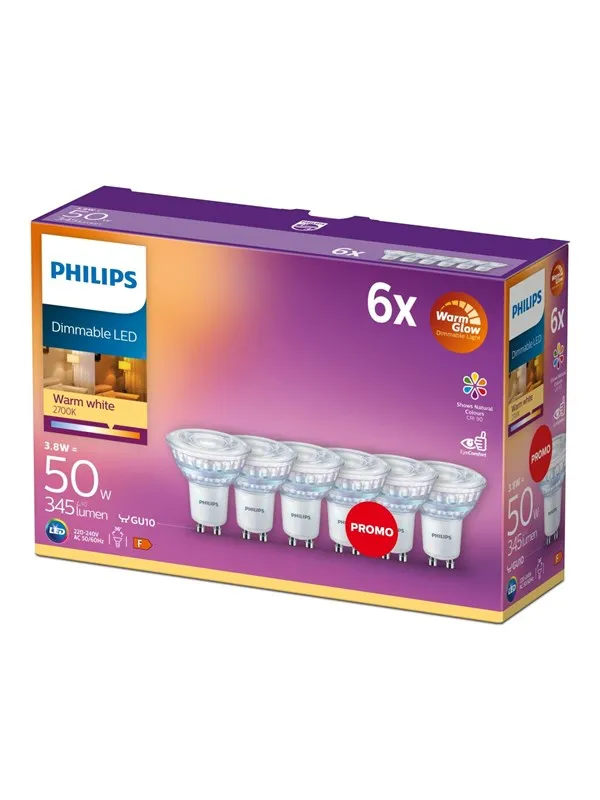 Philips LED-lyspære Spot 3.8W/922-927 (50W) 36° WarmGlow Dimmable 6-pack GU10