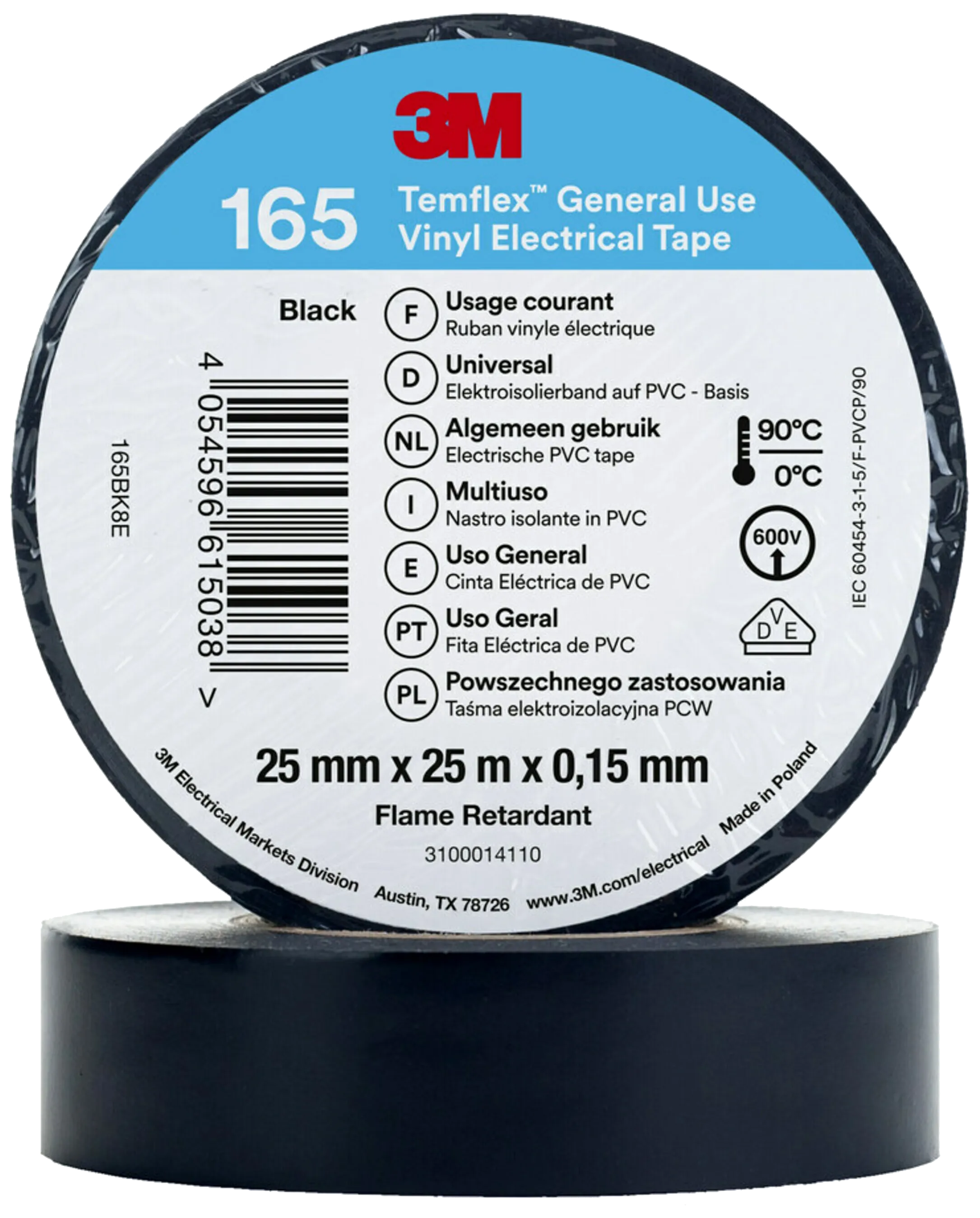 Temflex 165 elektrisk vinyltape 25mm×25m sort