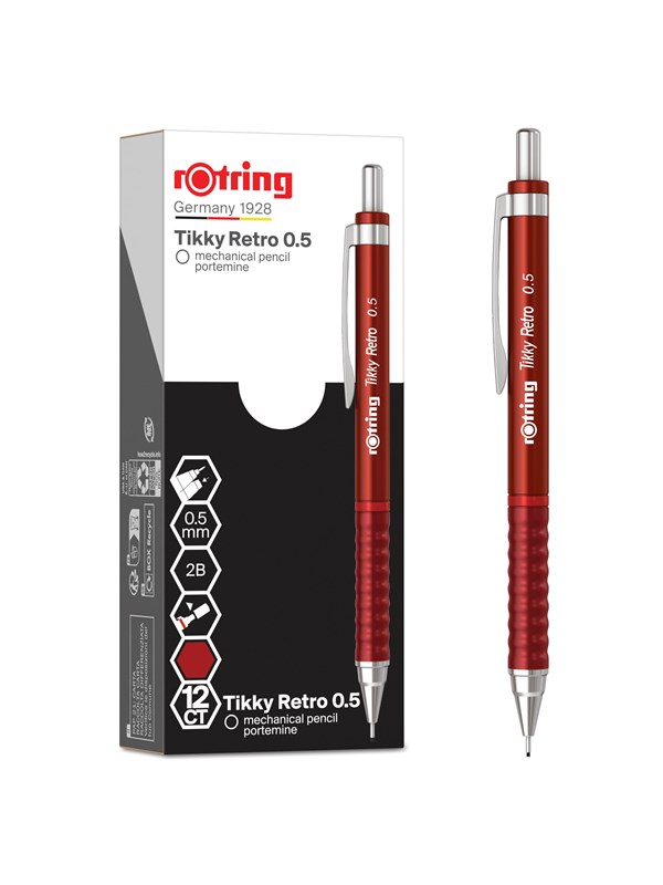 Rotring Tikky Retro Mechanical Pencils | 2B 0.5 mm | Red Barrels | with Comfort Rippled Grip | 12 Count