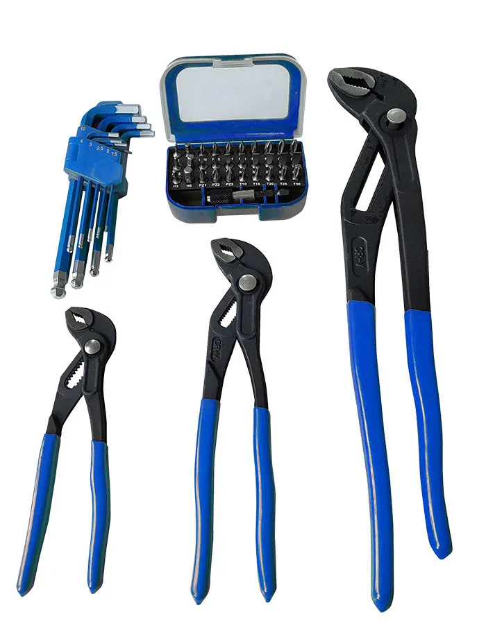 BATO BASIC Kombisett vannpumpetenger 175-250-400mm, unbrakonøkler 1,5-10mm, bitssett 31 deler.