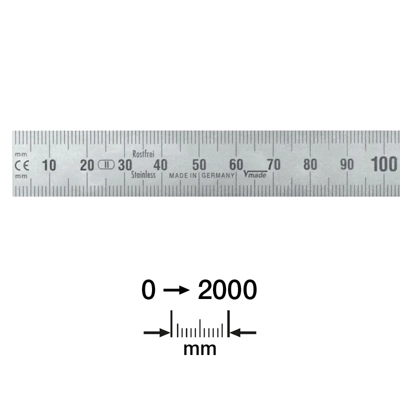 Stållinjal 8000x30x1,0 mm med avlesning venstre-mot-høyre