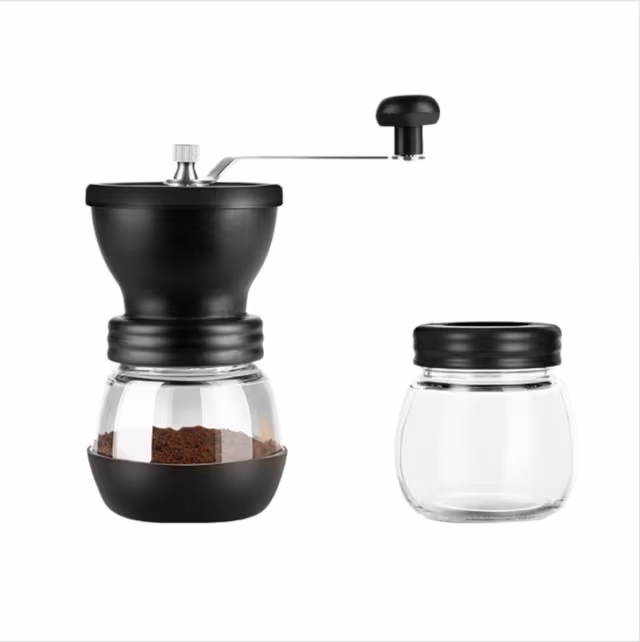 Svart manuell kaffekvern med keramisk kanne - Håndsveiv vintage kaffekvern med forseglet oppbevaringskanne