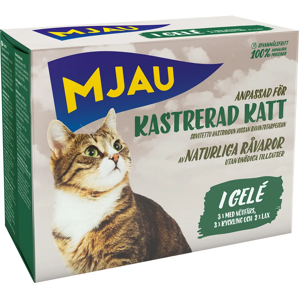 Mjau VåtfÃ´r i porsjonsposer for kastrerte katter, Multibox  -  i gelé (8x85g)