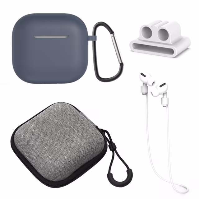 For AirPods 4 5 stk Tilbehør Veske Oppbevaringsboks Halsstropp Hodetelefonholder Nøkkelring - Mørk blå