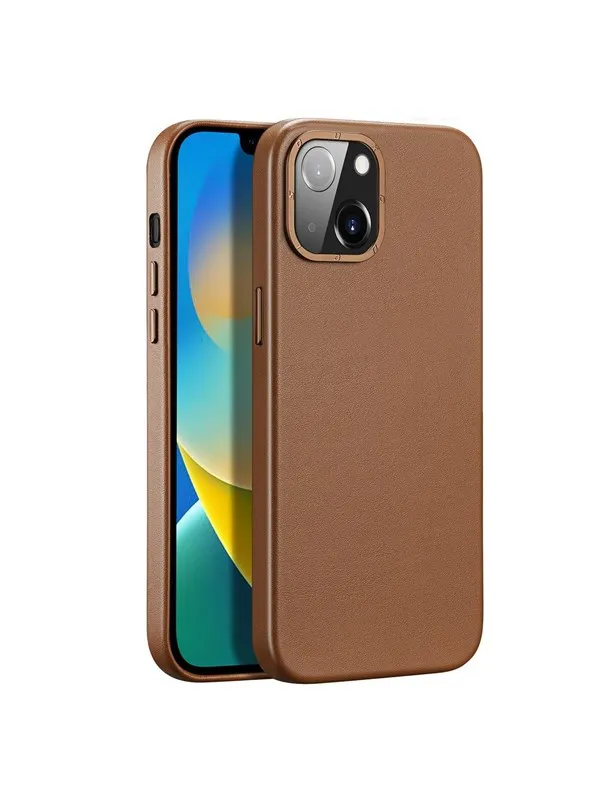 Dux Ducis Grit Leather Case for iPhone 14 Plus Elegant Faux Leather Case (MagSafe Compatible) Brown