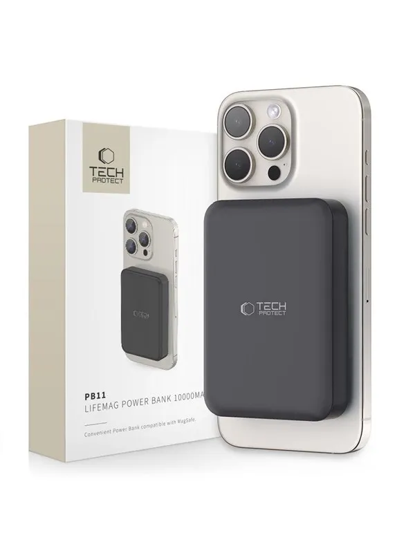 Tech-Protect LifeMag PB11 Power Bank with MagSafe 10000mAh 15W USB-C Port - Black + USB-C Cable Nødlader - Svart - 10000 mAh