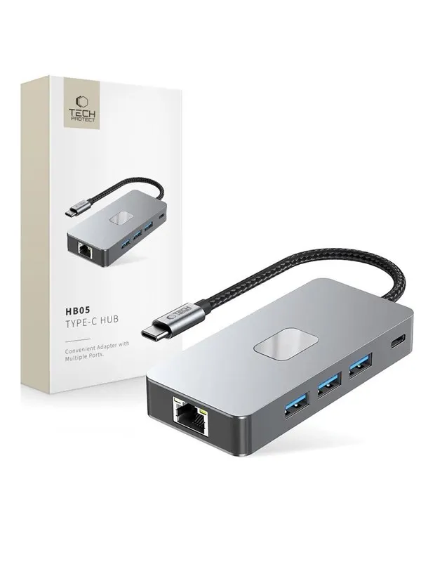 Tech-Protect HB05 HUB 9in1 USB-C + USB2.0 + USB3.0 + HDMI 4K 60HZ + SD / TF + PD100W + RJ45 - Grey USB-hub - USB 3.0 - 9 porter - Grå