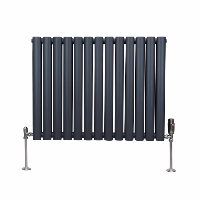Oval kolonneradiator - 600 mm x 780 mm - Antrasittgrå og TRV kromventiler