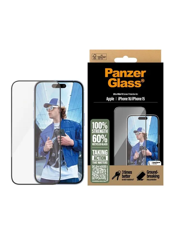 PanzerGlass Screen Protector iPhone 16 | 15 | Ultra-Wide Fit