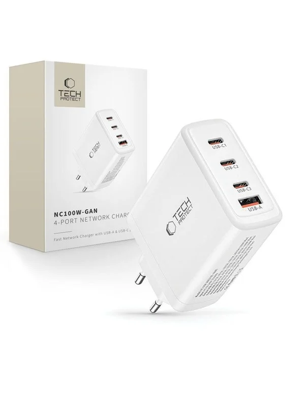 Tech-Protect NC100W-GAN GaN 3x USB-C PD 100W / USB-A QC 3.0 Charger - White