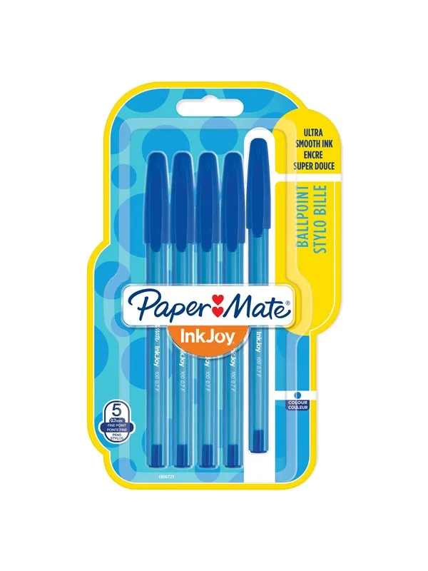 Paper Mate InkJoy 100ST Ballpoint Pens | Fine Point (0.7mm) | Blue | 5 Count