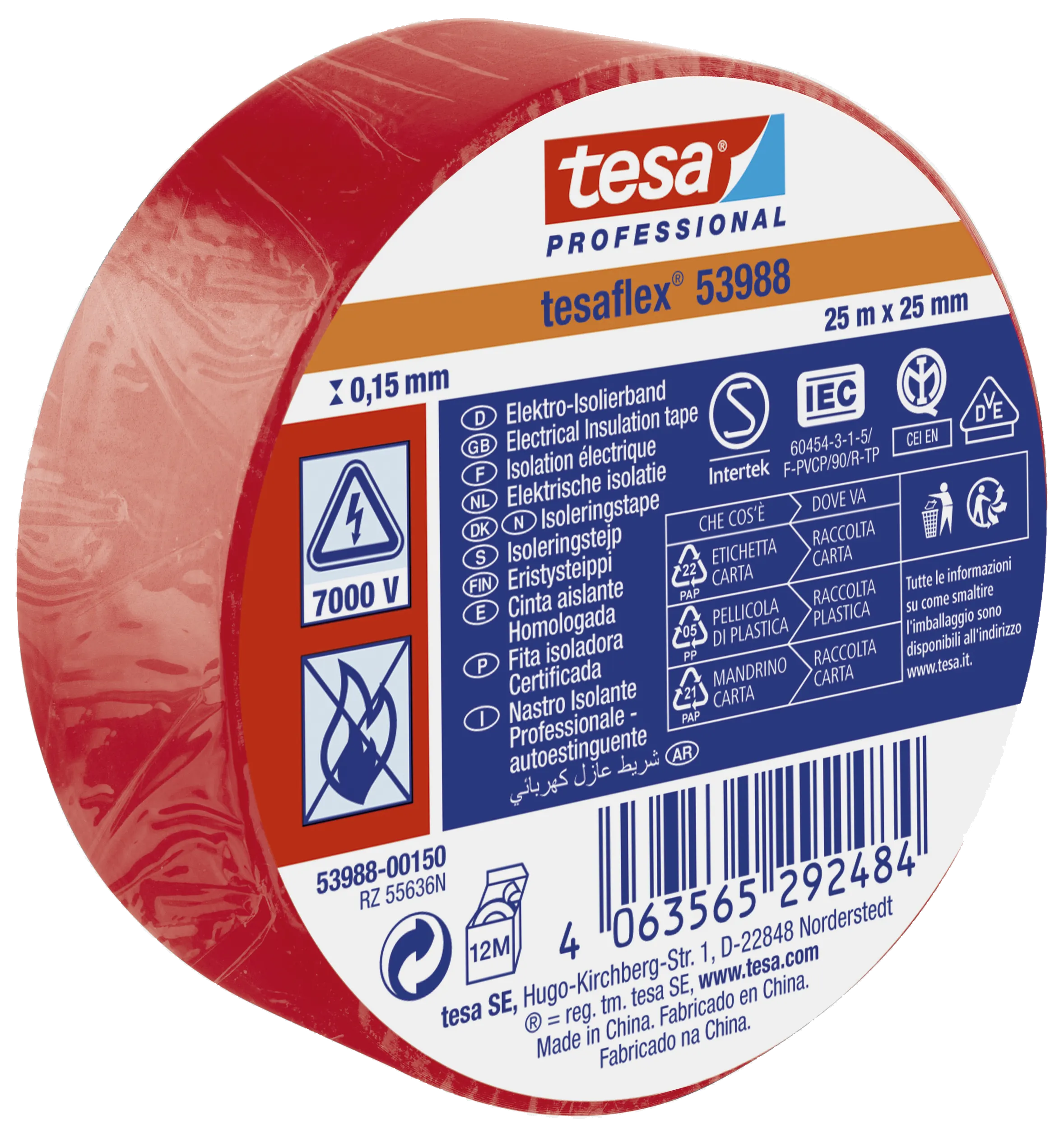 TesaFlex 53988 isolértape PVC 25mm×25m rød