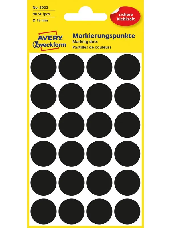 Avery Matriseklistremerker, Ø 18 mm, 96 Etiketter, Svart