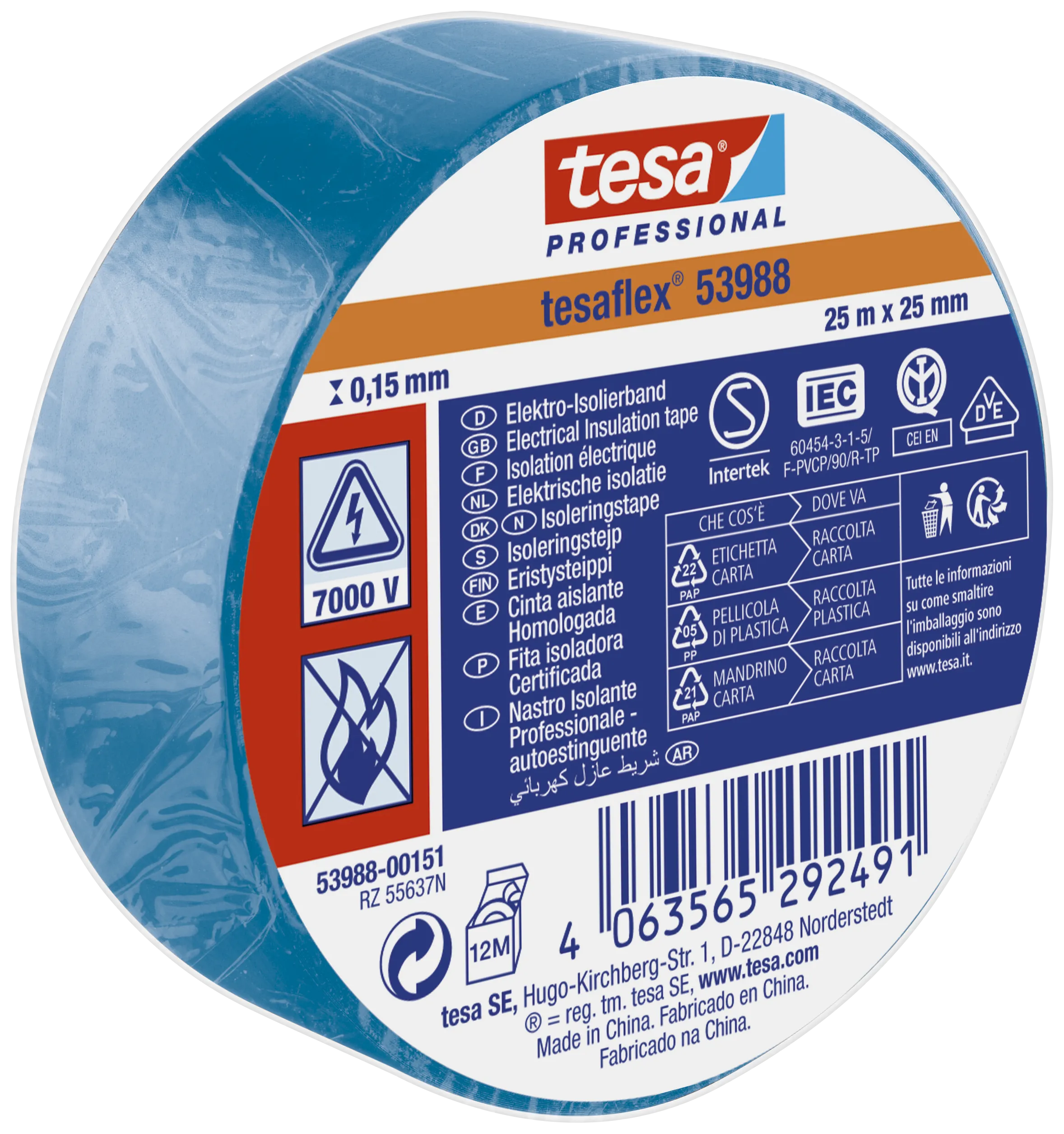 TesaFlex 53988 isolértape PVC 25mm×25m blå