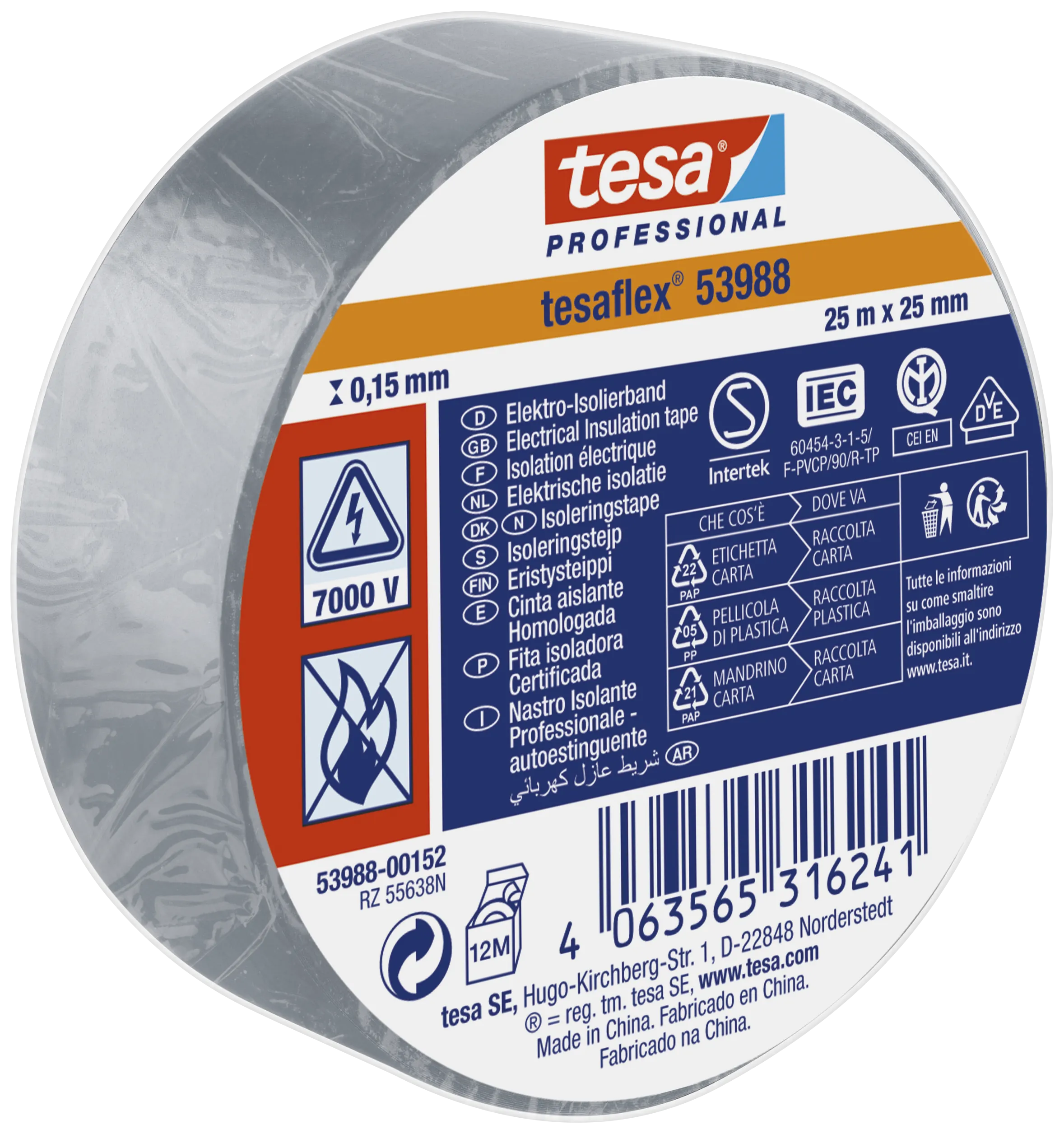 TesaFlex 53988 isolértape PVC 25mm×25m grå