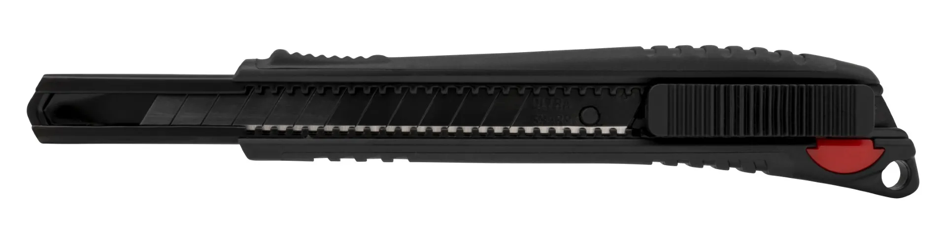 Kniv med 9 mm sort-oksidert knivblad og automatisk lås