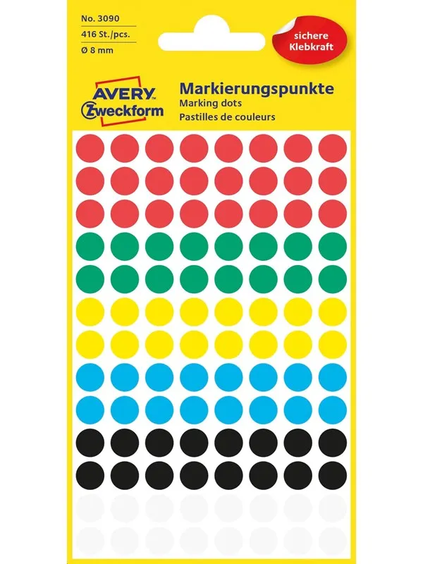 Avery Matriseklistremerker, Ø 8 mm, 416 Etiketter, Diverse farger