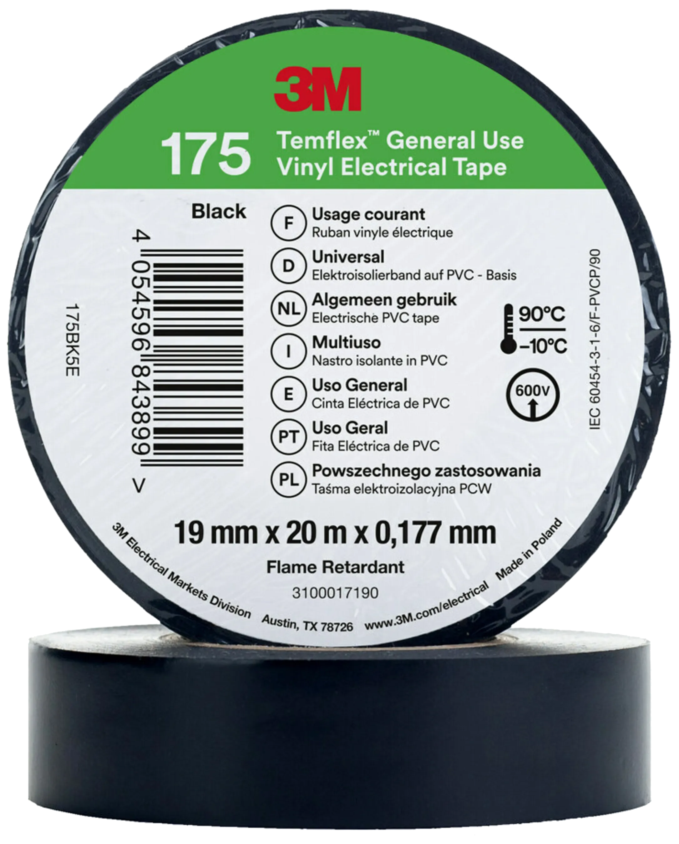 Temflex 175 elektrisk vinyltape 19mm×20m sort