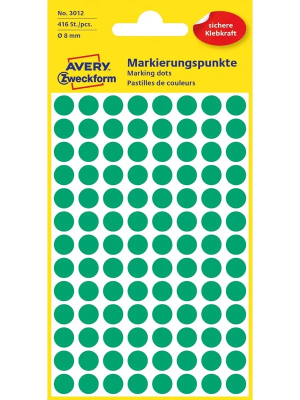 Avery Permanente, fargede markeringsprikker , Til markering, Ø 8 mm, Grønn