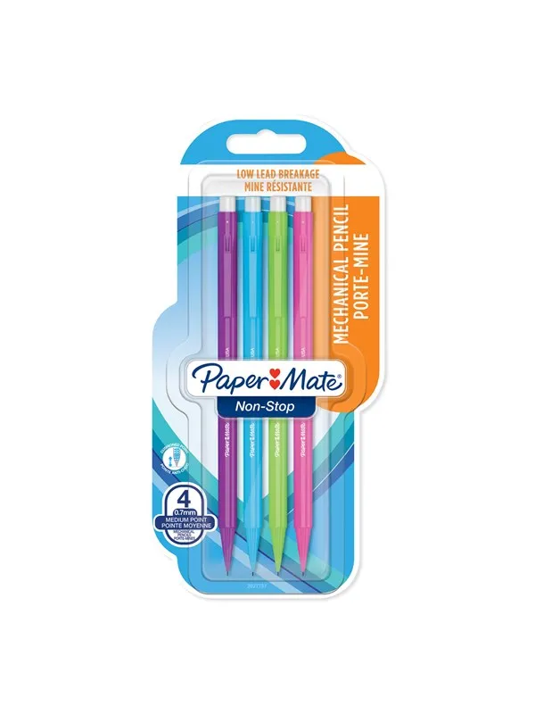 Paper Mate Non-Stop Mechanical Pencil | 0.7mm | HB #2 | Assorted Neon Barrel Colours | 4 Count