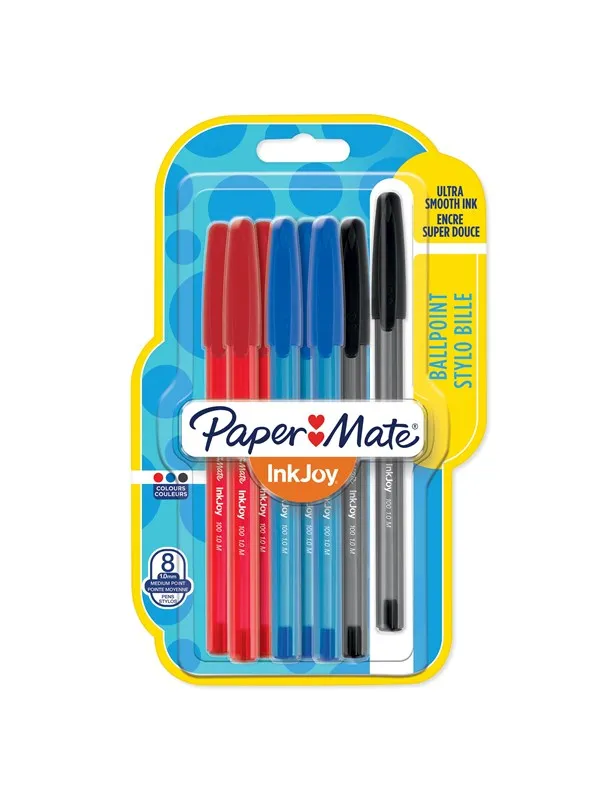 Paper Mate InkJoy 100ST Ballpoint Pen Medium Point (1.0mm) | Black Blue & Red | 8 Count