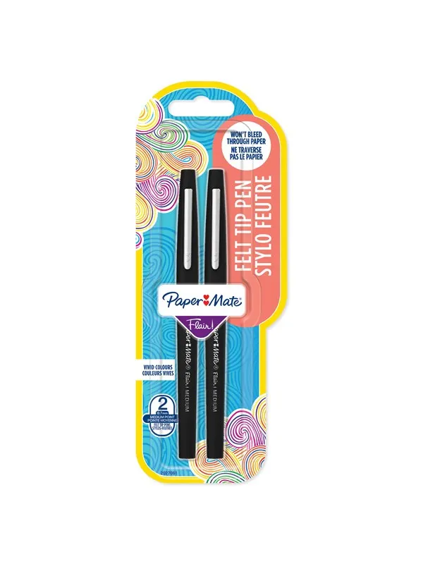 Paper Mate Flair Felt Tip Pens | Medium Point (0.7mm) | Black | 2 Count