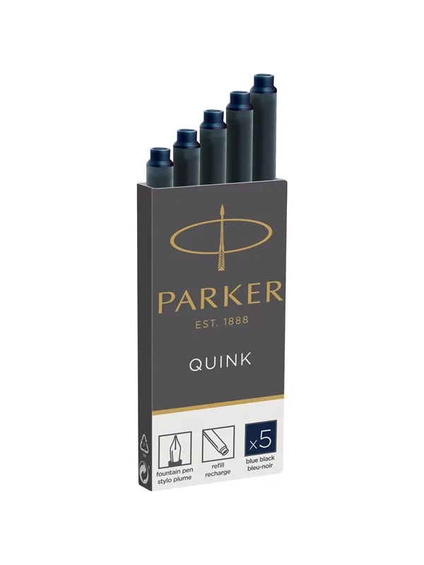 Parker Fountain Pen Ink Refill Cartridges | Long | Blue-Black QUINK Ink | 5 Count