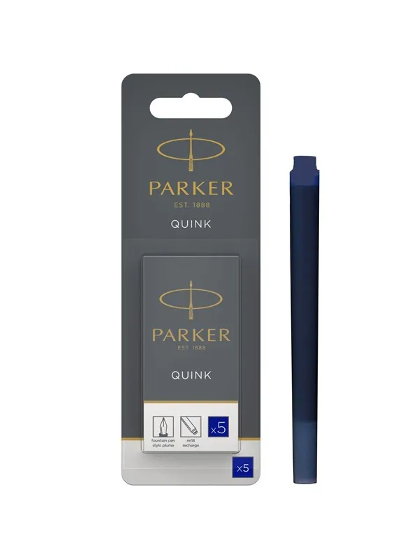 Parker Fountain Pen Ink Refill Cartridges | Long | Blue QUINK Ink | 5 Count (Blister)