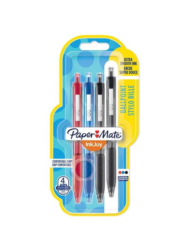 Paper Mate InkJoy 300RT Retractable Ballpoint Pens | Medium Point (1.0 mm) | Black Blue & Red | 4 Count