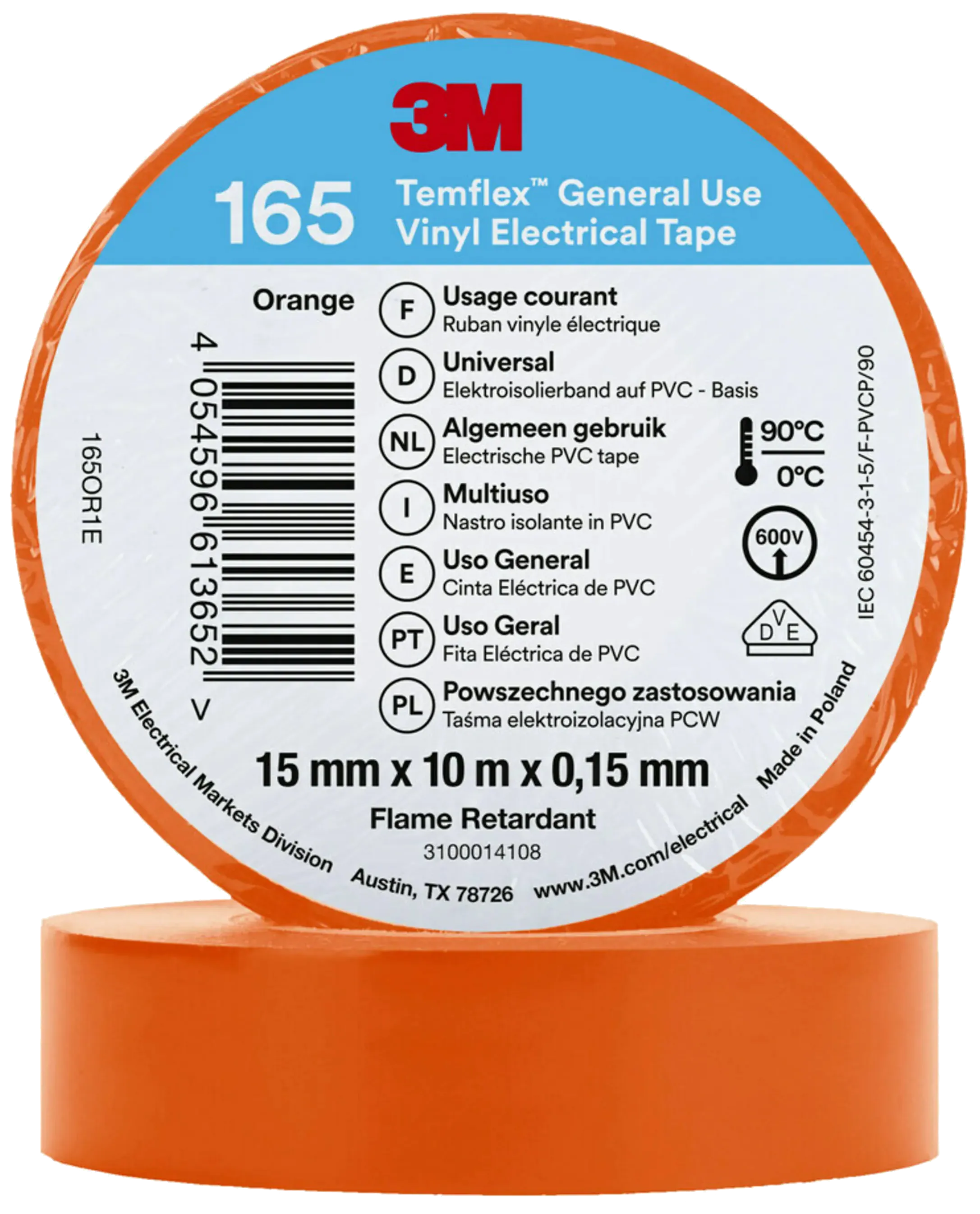 Temflex 165 elektrisk vinyltape 15mm×10m oransje