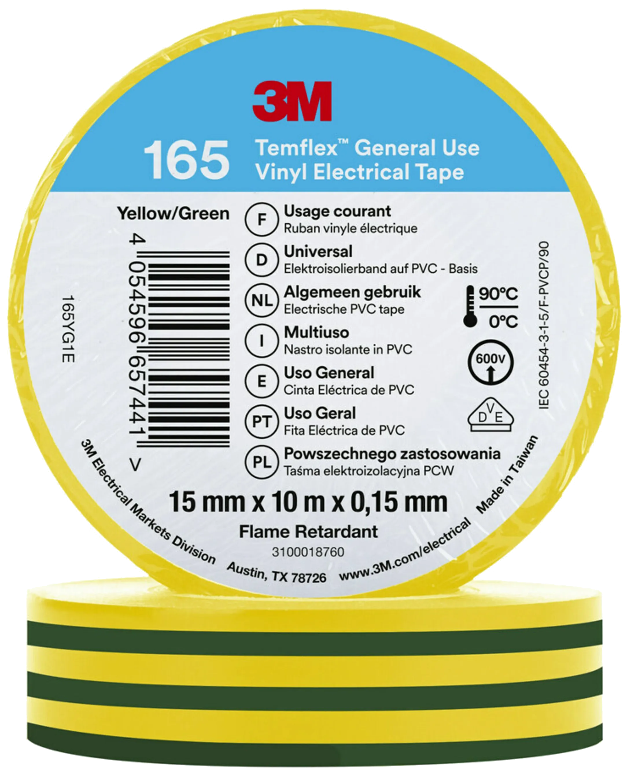 Temflex 165 elektrovinyltape 15mm×10m grønn/gul