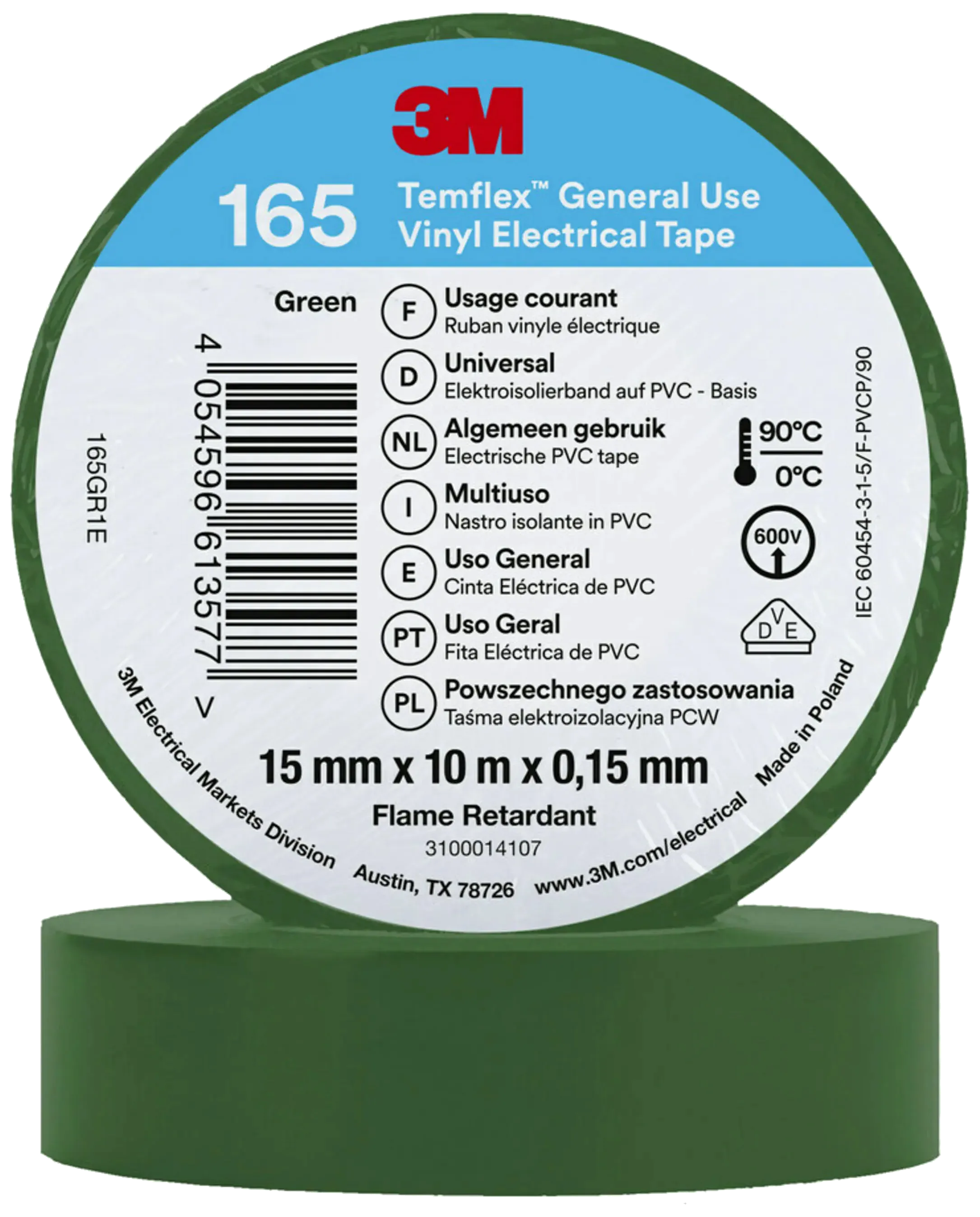 Temflex 165 elektrisk vinyltape 15mm×10m grønn