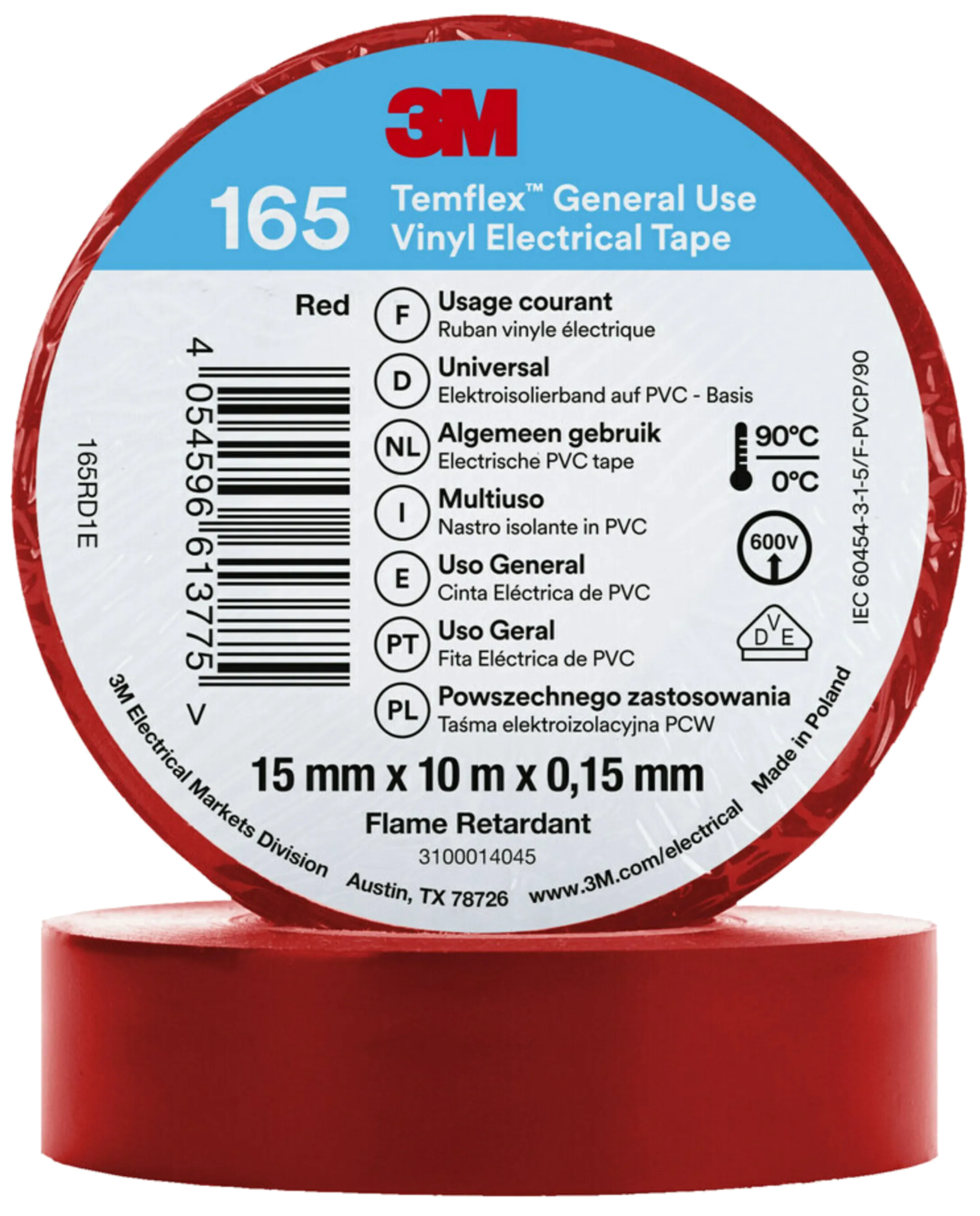 Temflex 165 elektrovinyltape 15mm×10m rød