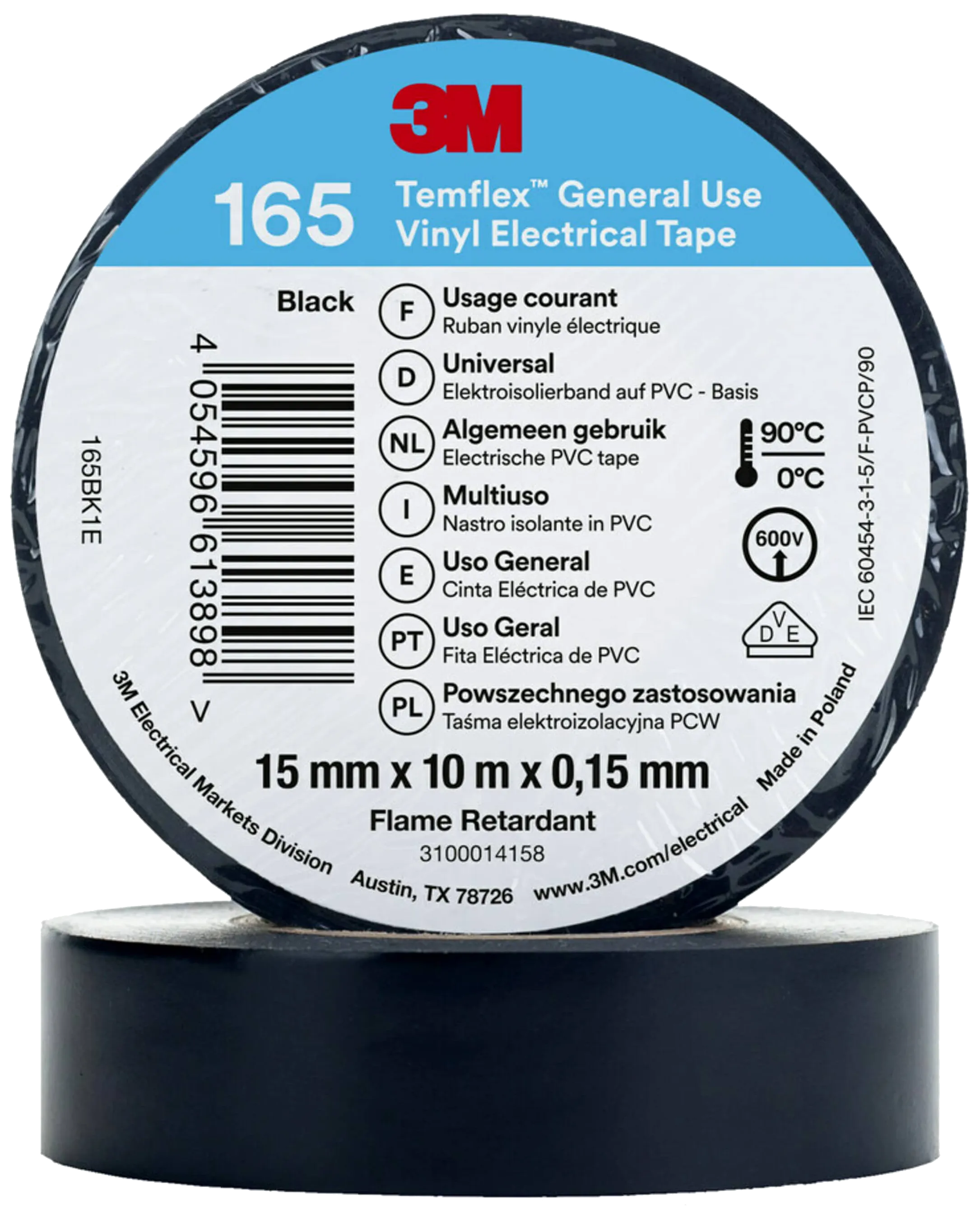 Temflex 165 elektrisk vinyllist 15mm×10m sort