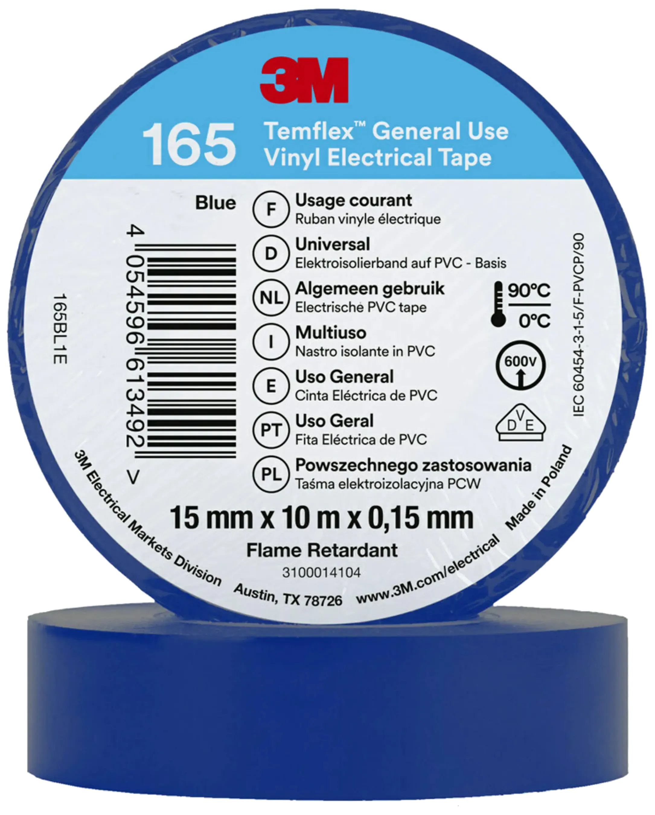 Temflex 165 elektrisk vinyltape 15mm×10m blå