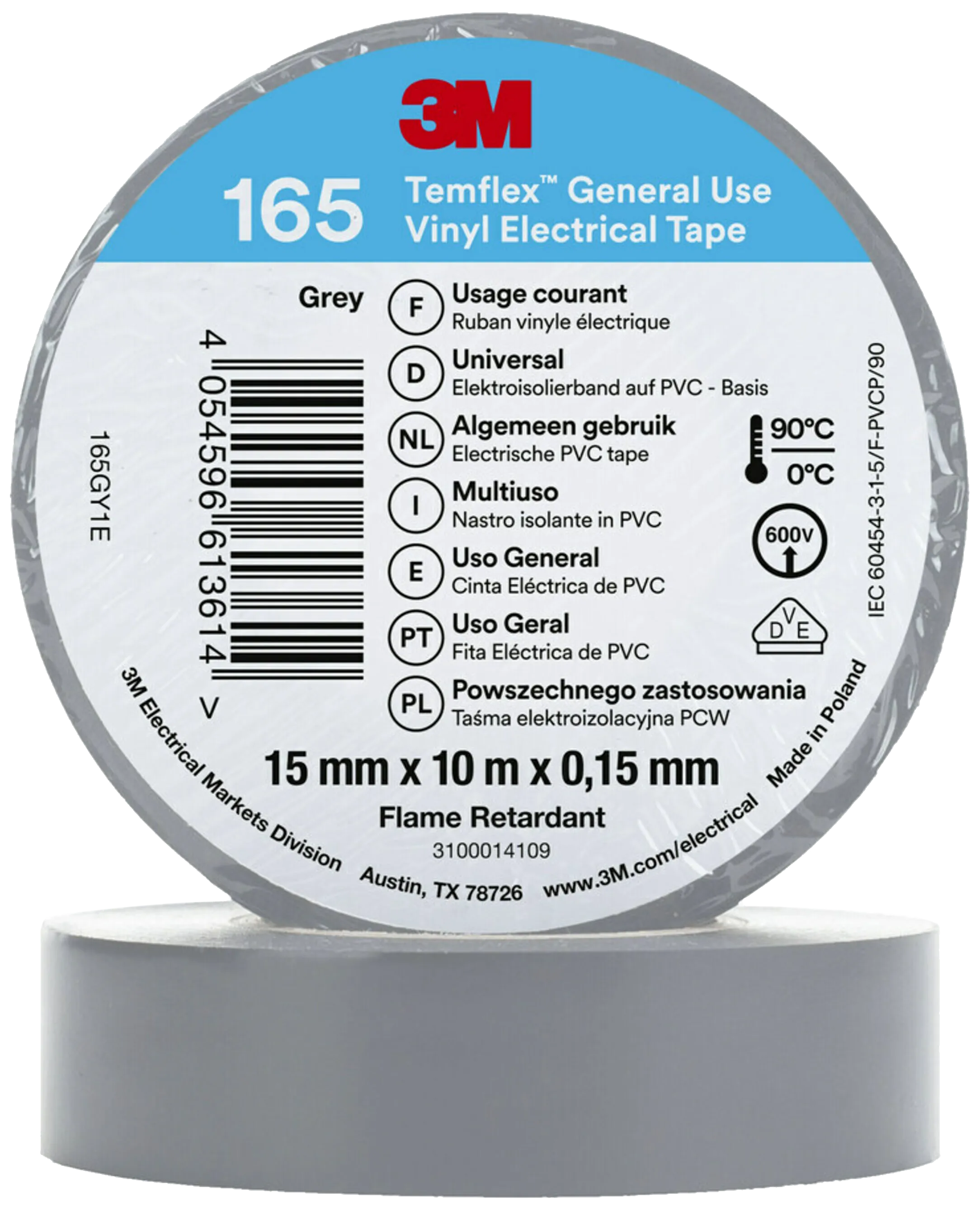 Temflex 165 elektrovinyltape 15mm×10m grå