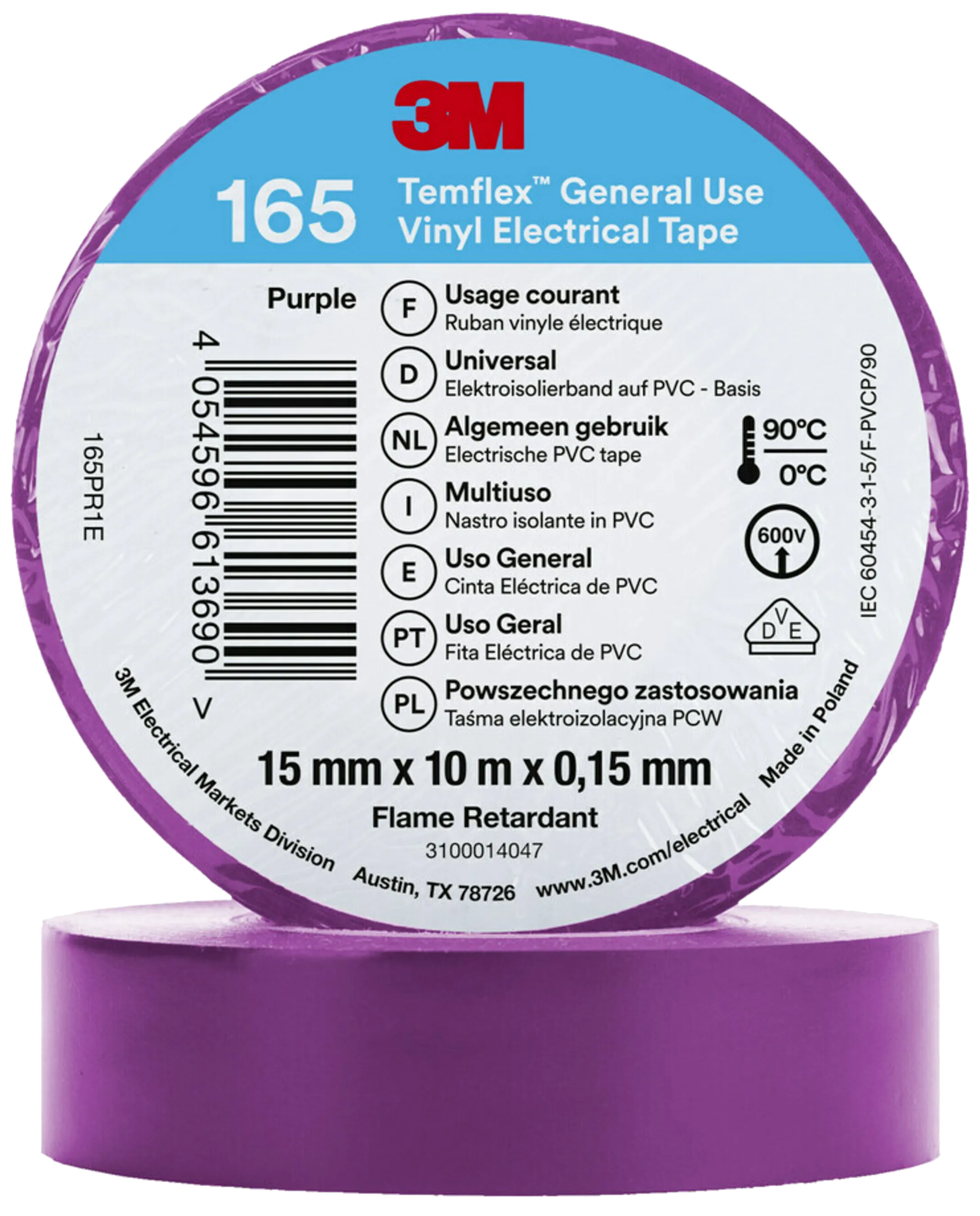 Temflex 165 elektrisk vinyltape 15mm×10m fiolett