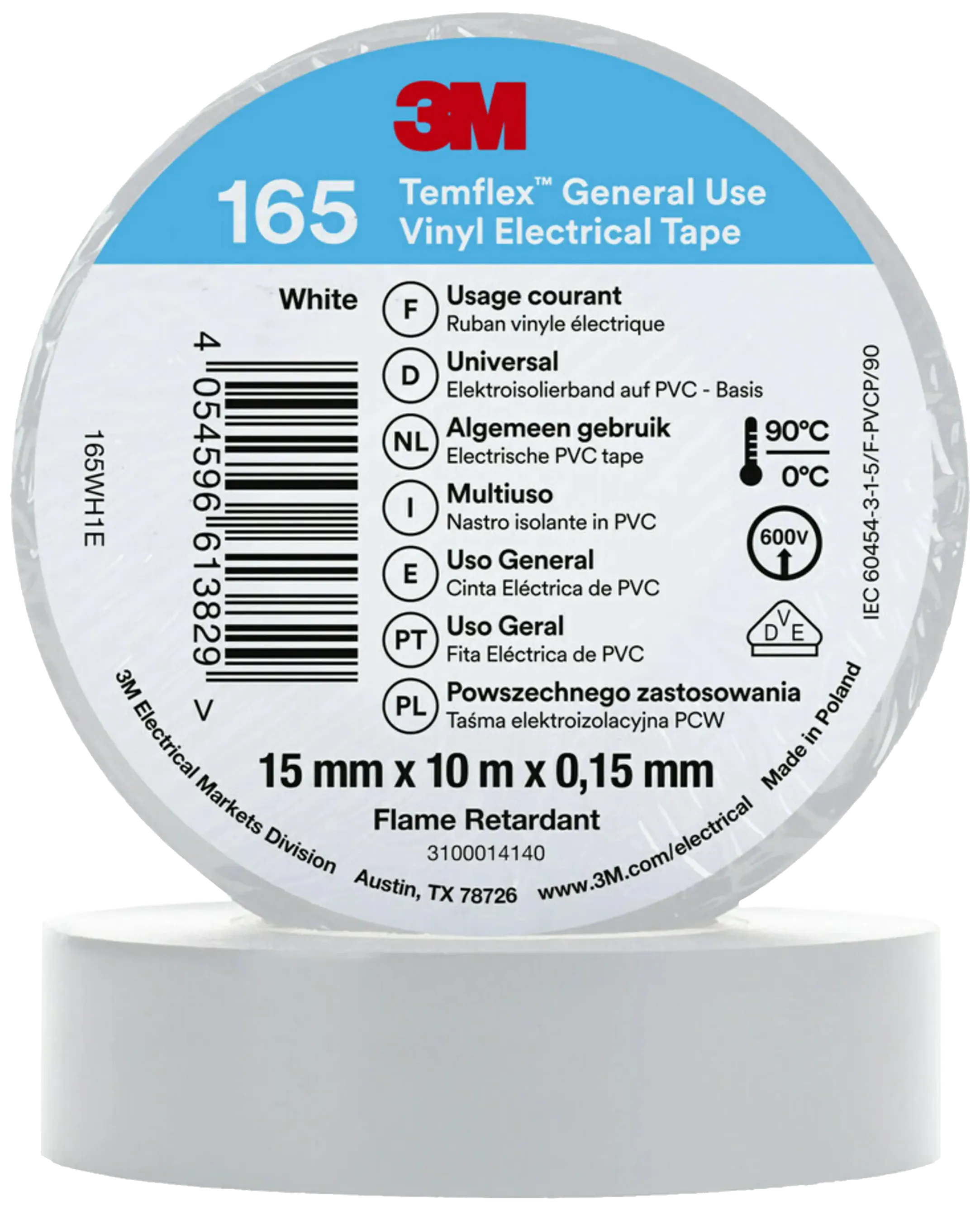 Temflex 165 elektrovinyltape 15mm×10m hvit