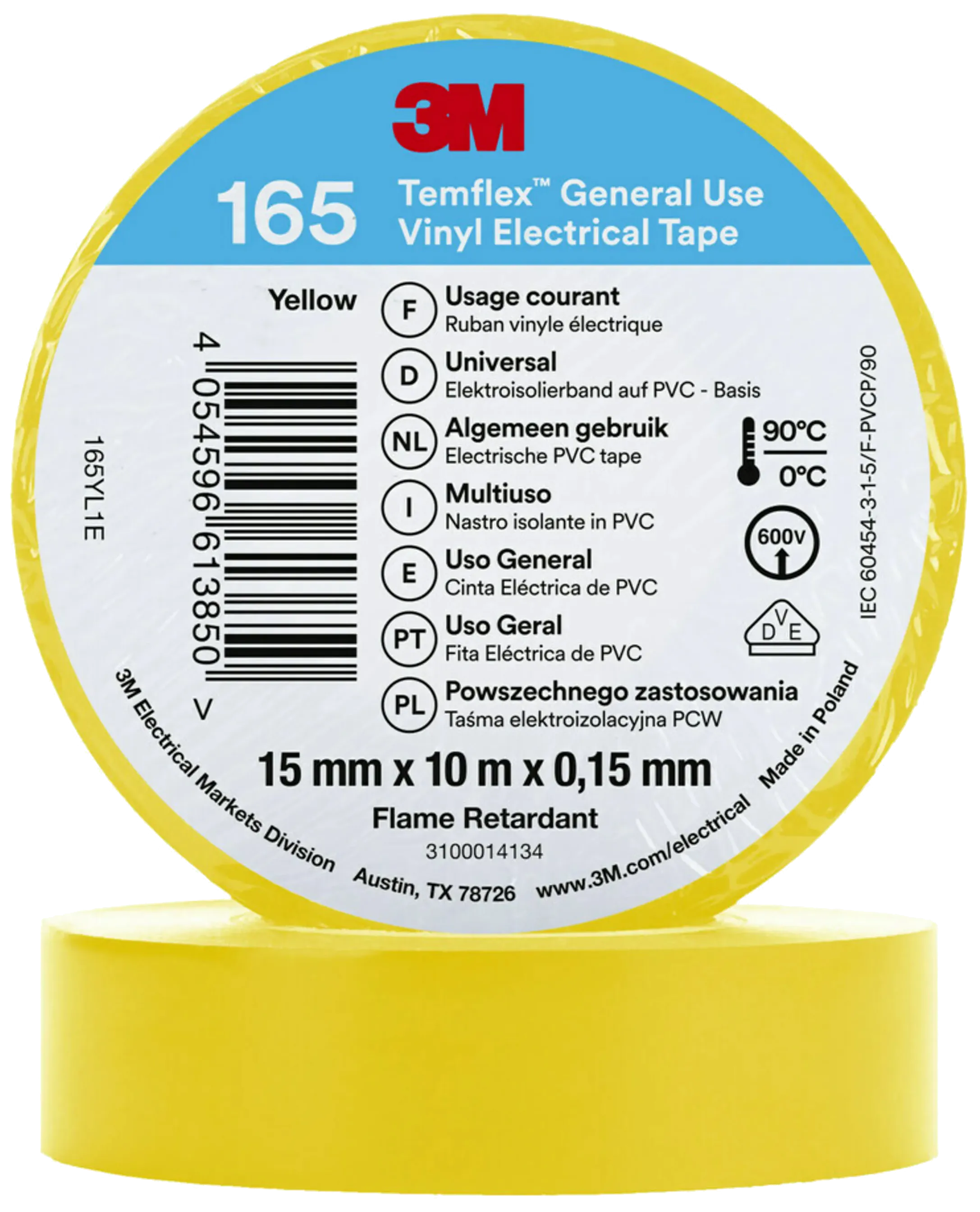 Temflex 165 elektrisk vinyltape 15mm×10m gul