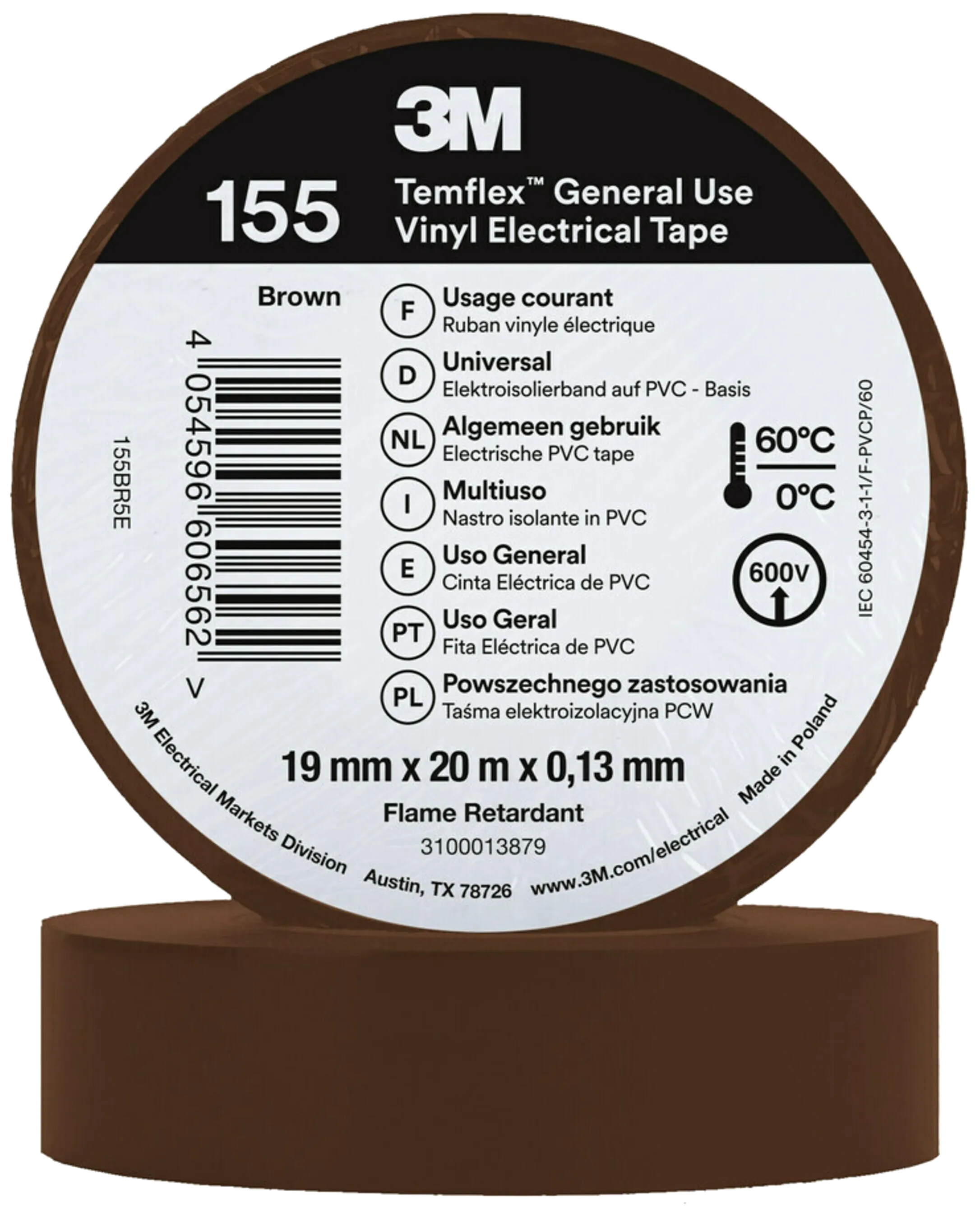 Temflex 155 elektrisk vinyltape 19mm×20m brun