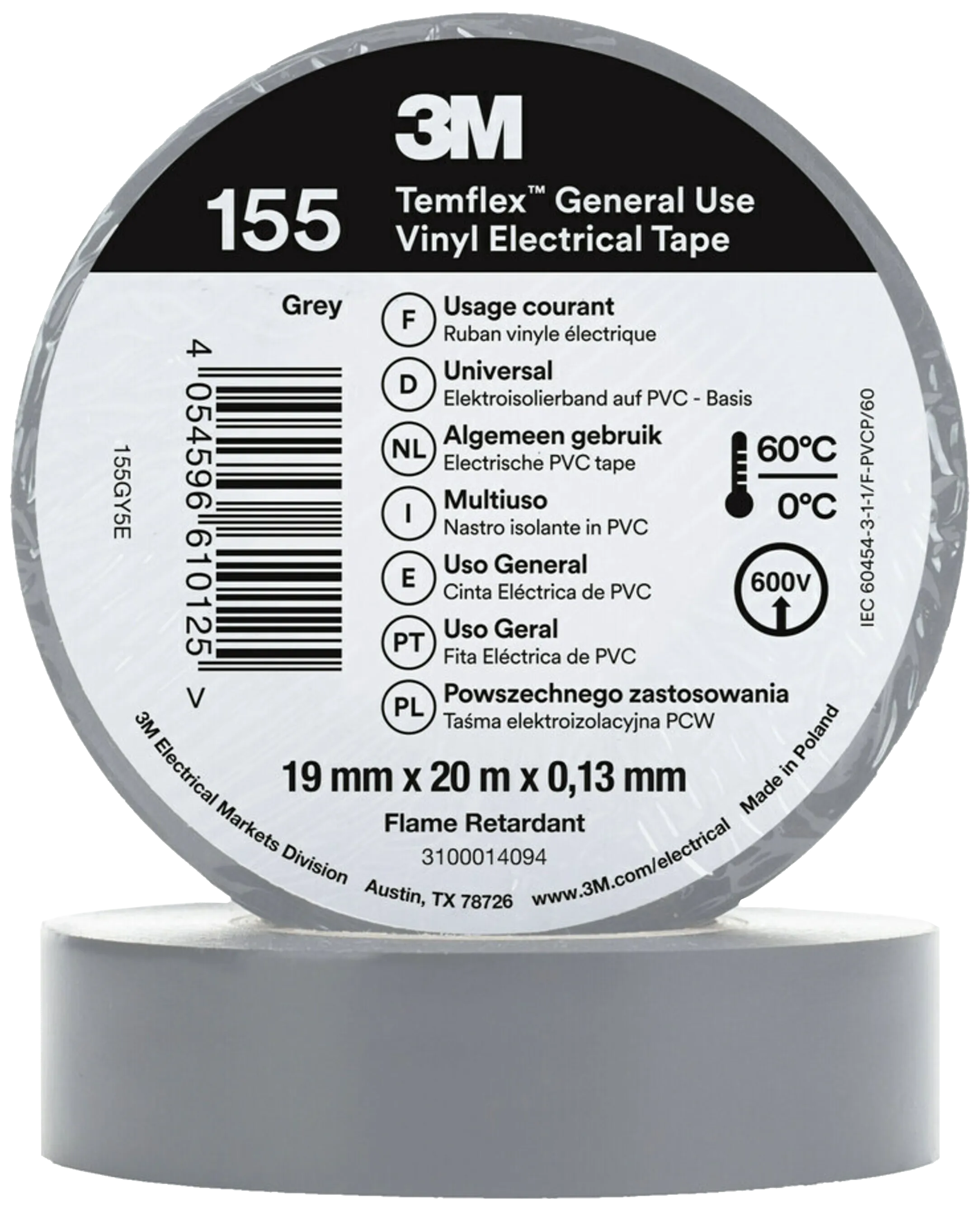 Temflex 155 elektrovinyltape 19mm×20m grå