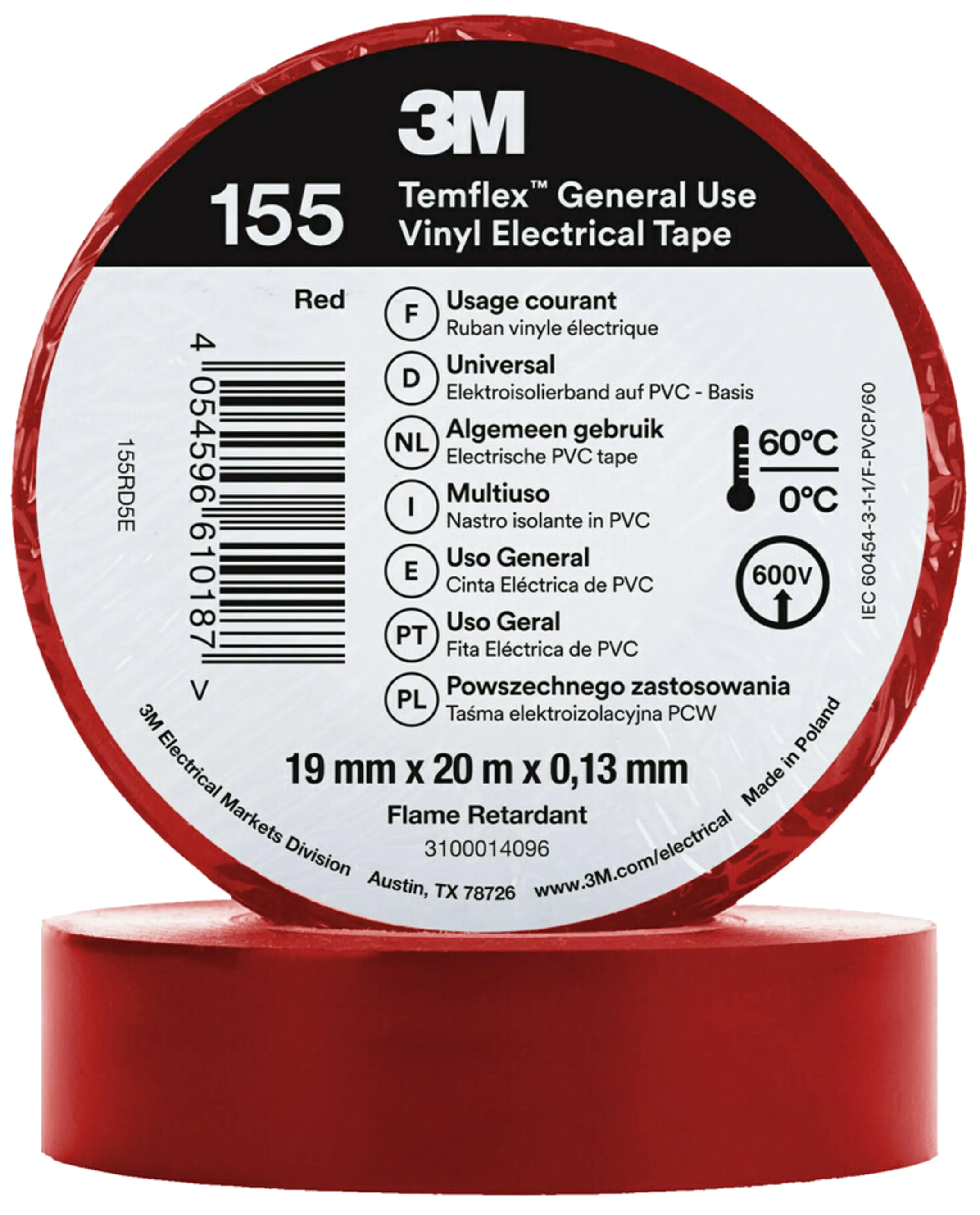 Temflex 155 elektrisk vinyltape 19mm×20m rød