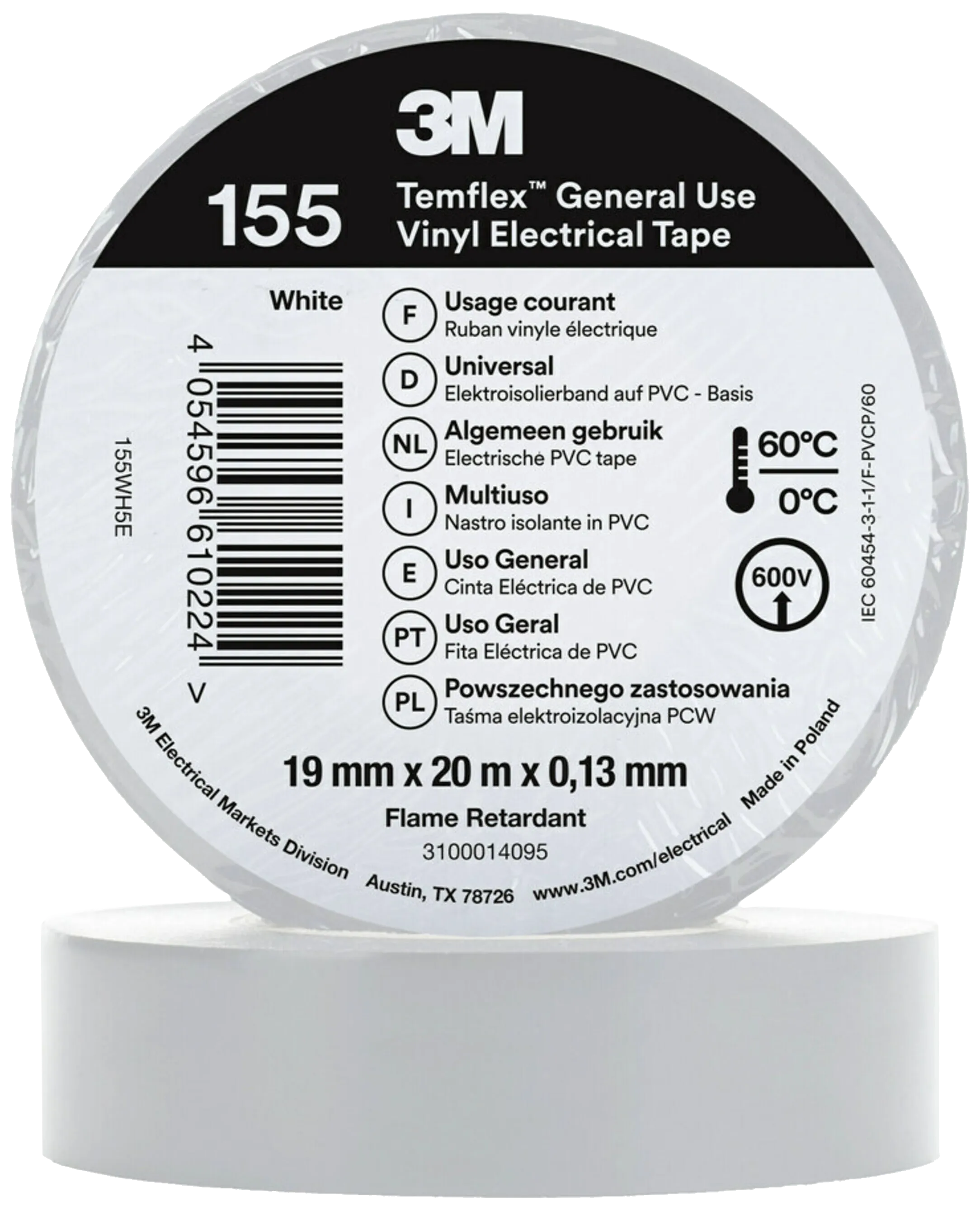 Temflex 155 elektrisk vinyltape 19mm×20m hvit
