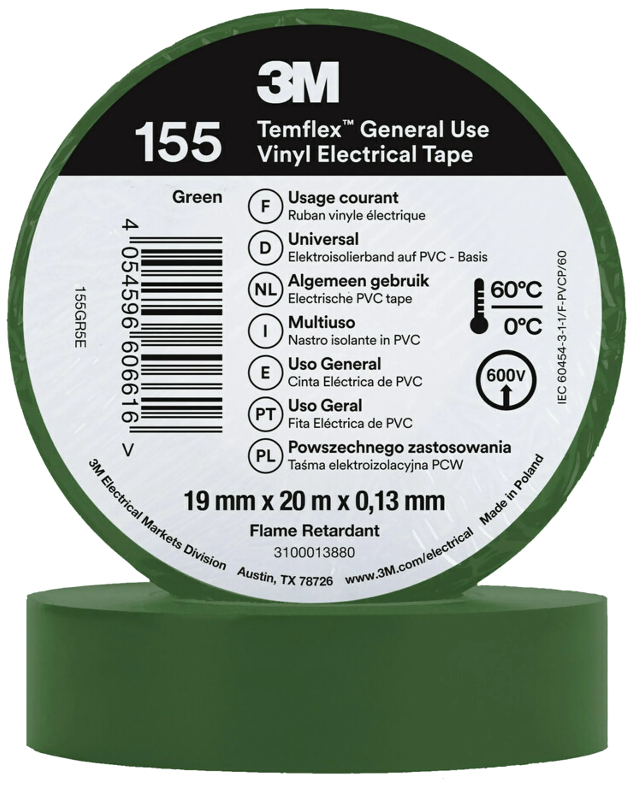 Temflex 155 elektrisk vinyltape 19mm×20m grønn