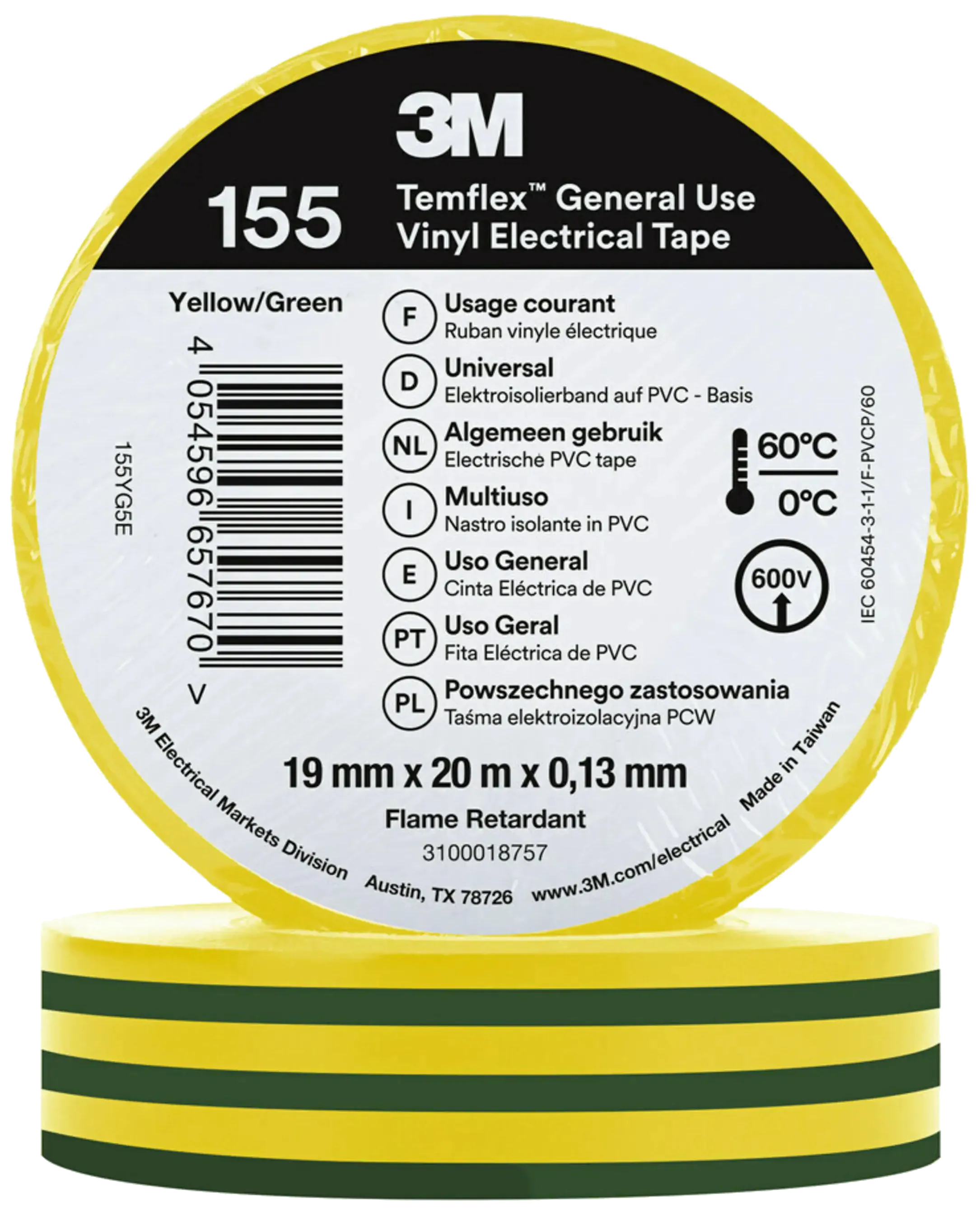 Temflex 155 elektrisk vinyltape 19mm×20m grønn/gul