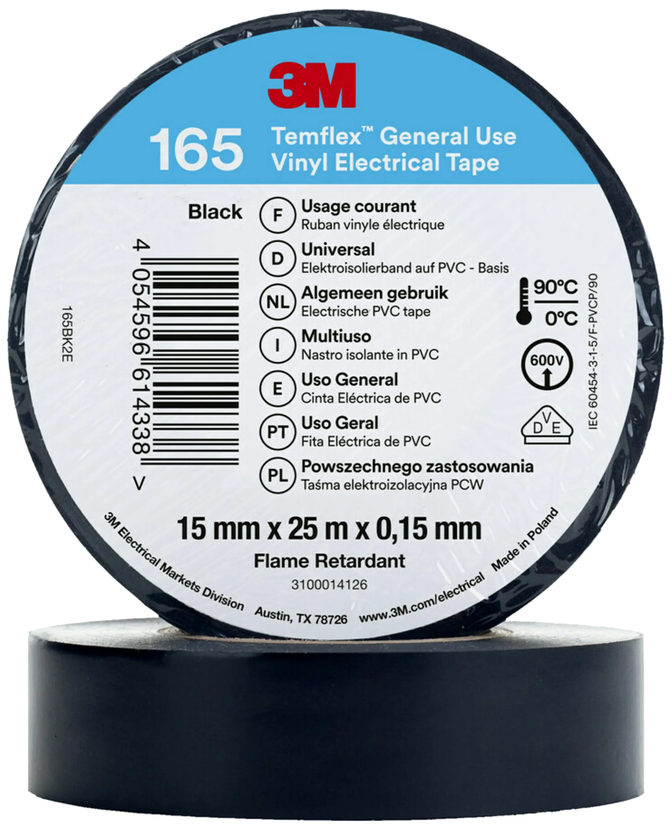 Temflex 165 elektrisk vinyltape 15mm×25m sort