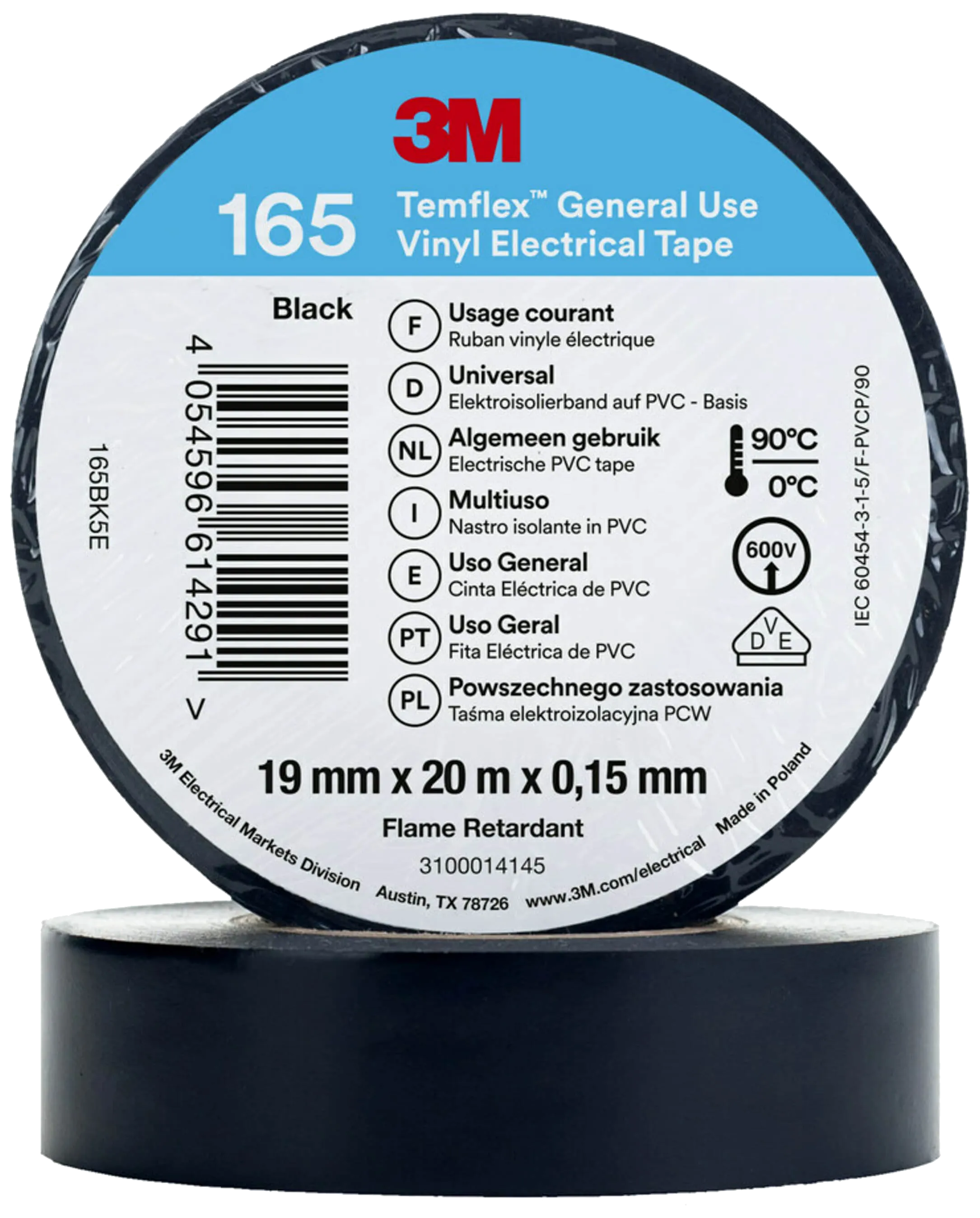 Temflex 165 el-vinyltape 19mm×20m sort