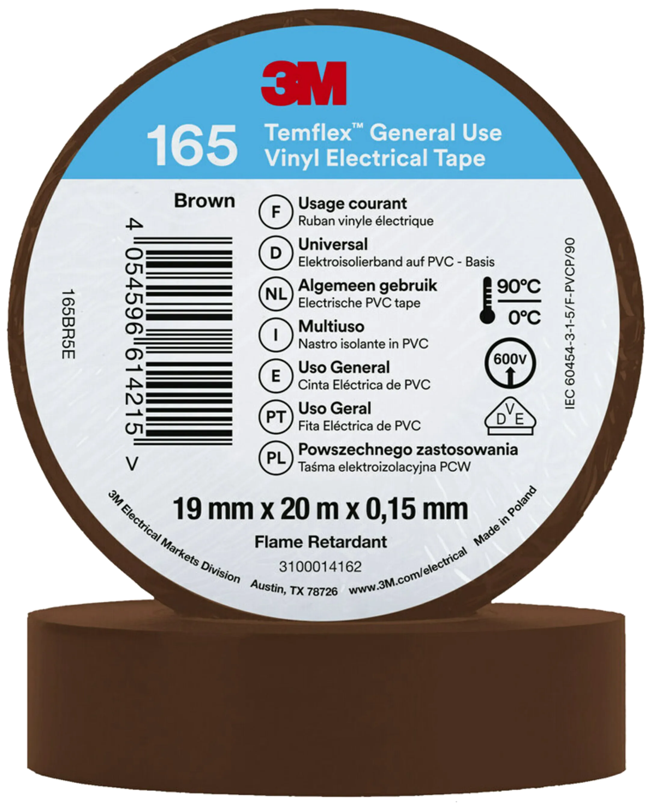 Temflex 165 elektrisk vinyltape 19mm×20m brun