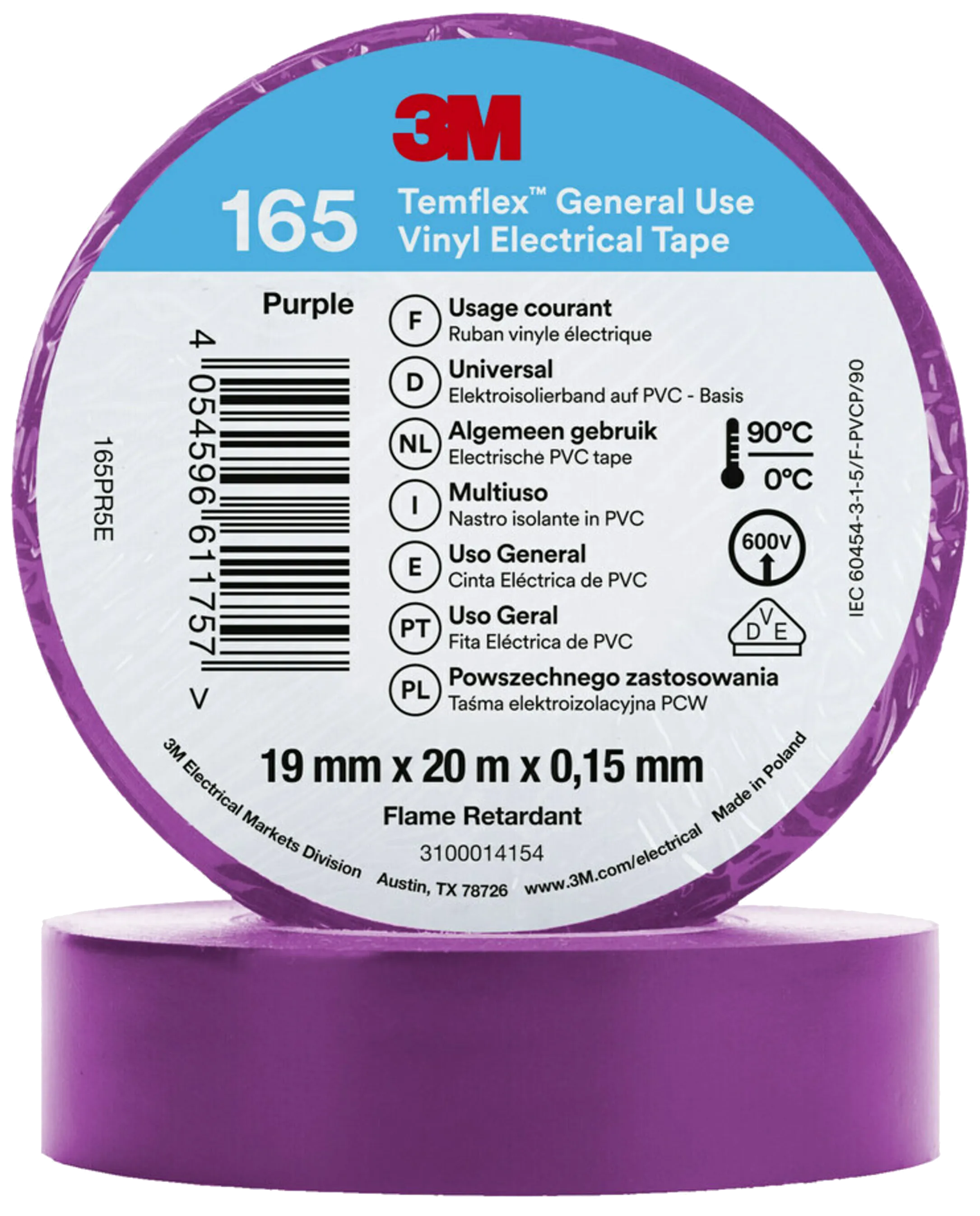 Temflex 165 elektrisk vinyltape 19mm×20m fiolett